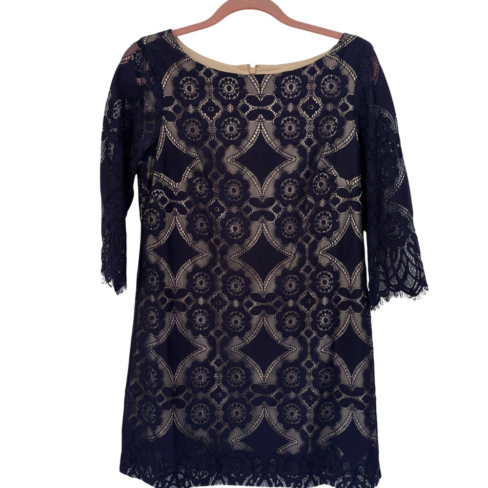 Eliza J Navy Lace Shift Dress 3/4 Sleeve Scallop Hem Nude Lining Old Money Sz 6